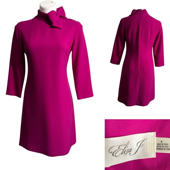 Eliza J Dresses & Skirts - Eliza J dress sz 4 Fuchsia pink Long Sleeve bow tie neckline knee length